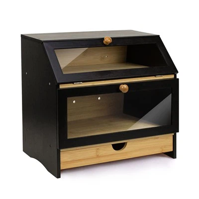 صندوق خبز الخيزران الأسود مع درج